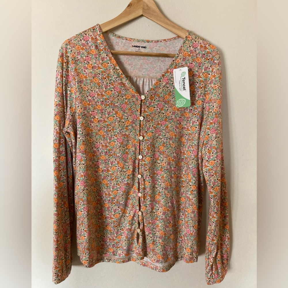 Lands End Floral Button Up Top - Size Medium